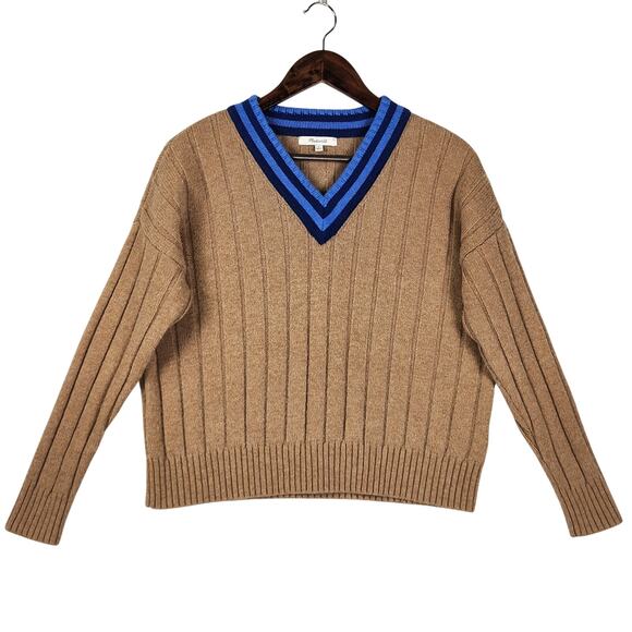 Madewell Tipped V-Neck Oversized Sweater in Tan With Blue V-Neck SZ SM Wool Blnd - Picture 2 of 13